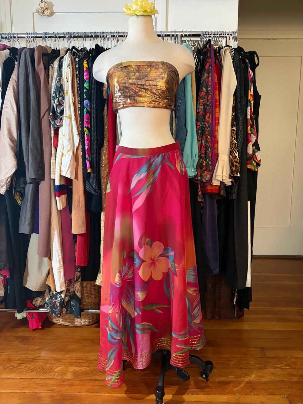 RARE Boston Proper Pink Tropical Floral Maxi Skirt Small Sequin Hem